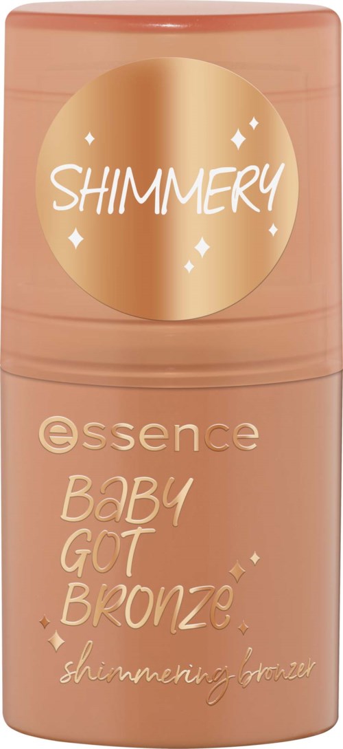 En rosa-beige behållare märkt Essence Baby Got Bronze Shimmering Bronzer med gulddetaljer och en glänsande gul cirkel.