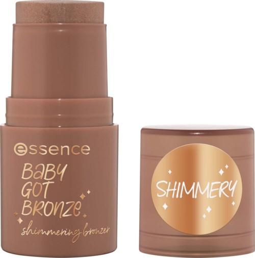 En flaska av essence shimmer-bronzer med lock borttagen, som visar det ljusa bronsfärgad pudret inuti.
