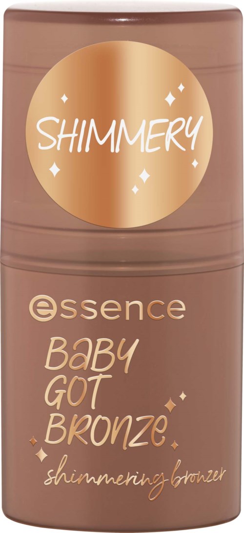 En cylinderformad flaska med brun och guldig etikett som säger Shimmery Essence Baby Got Bronze skimrande bronzer.