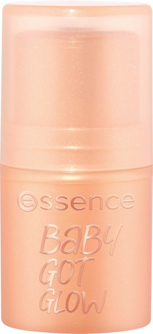 A pink bottle with the words Essence Baby Got Glow written on it, likely a skincare product for babies.
