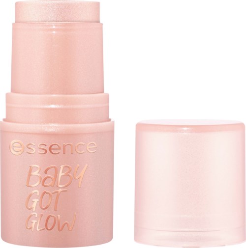 Pink skincare product with the words Essence Baby Got Glow on the container. The cap is off, showing the stick inside.