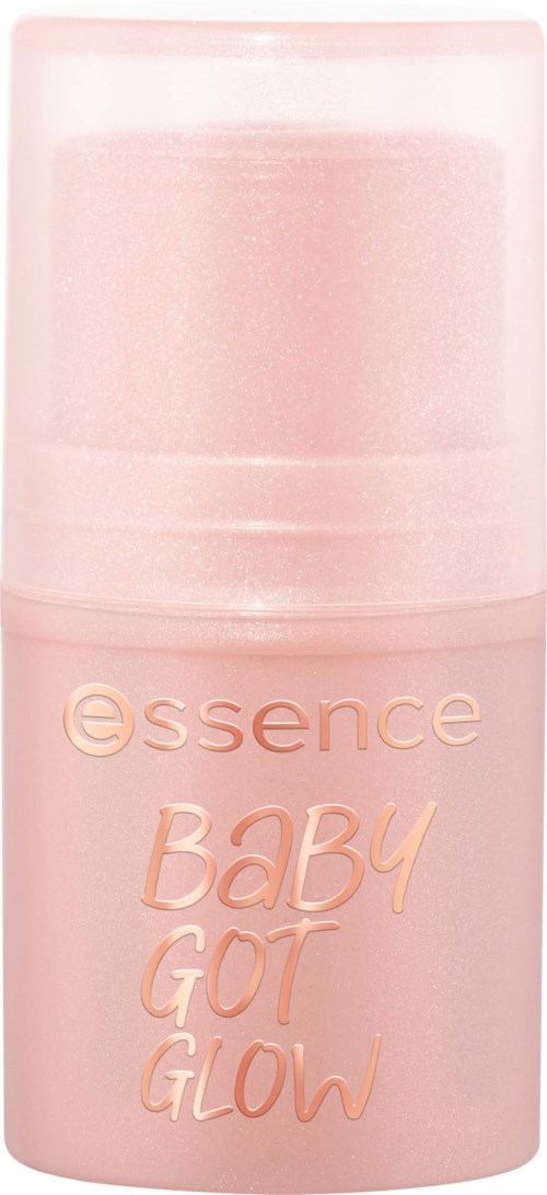 A pink bottle labeled Essence Baby Got Glow. It is a skincare product for babies with a shiny cap.