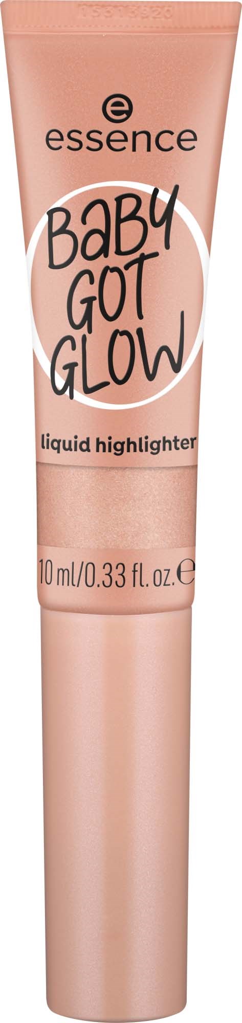 A pink tube makeup product labeled 'Baby Got Glow' liquid highlighter from Essence.