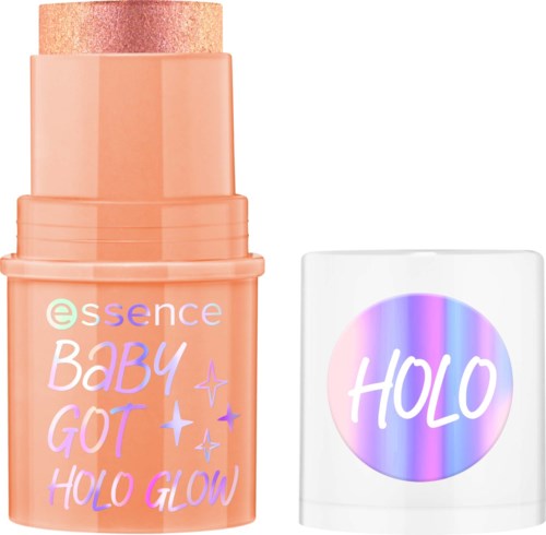 En peachfärgad highlighterstift med glitter, märkt 'essence BABY GOT HOLO GLOW', och en vit fyrkantig puderskiva med en lila etikett som säger 'HOLO'.