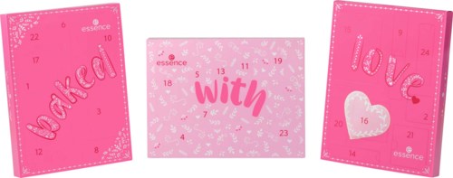 Tre rosa adventkalenderdörrar med nummer och ord: Believe, with, love, och hjärtsymboler.