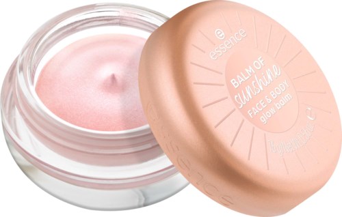En rosa glow balm med en rund, persikofärgad lock och en genomskinlig behållare med rosa kräm inuti.