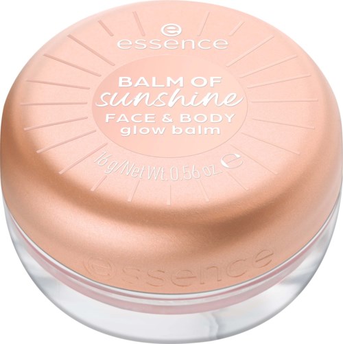En rund behållare med essence glow balm för ansikte och kropp med ett roséguldlager.