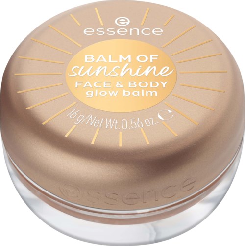 En rund behållare med essence ansikts- och kroppsglowbalsam som heter Balm of Sunshine, med gulddesign och produktinformation.