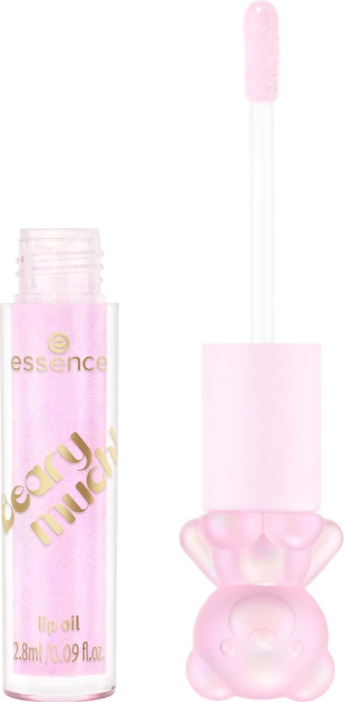 A pink lip oil in a small bottle with a bear-shaped top and a wand applicator.