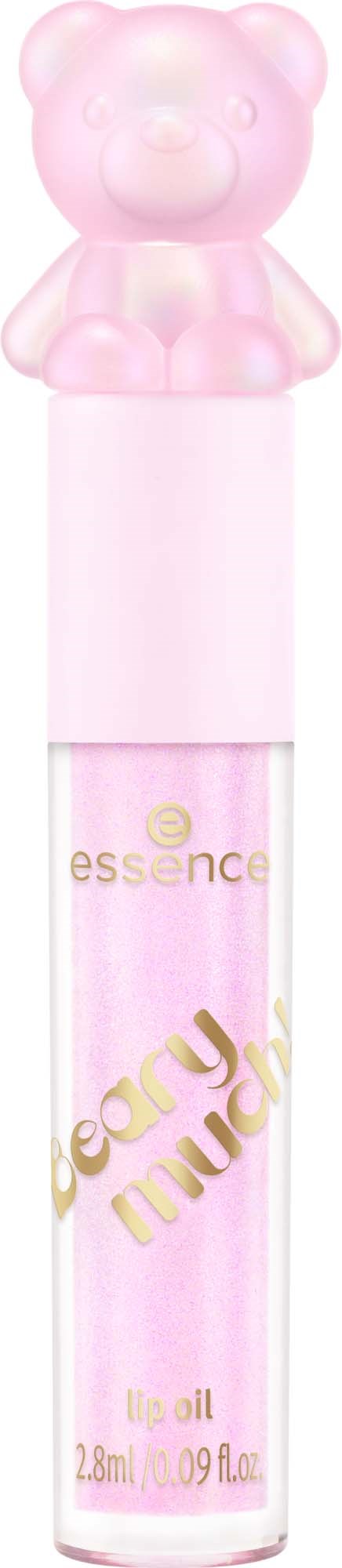 A pink lip gloss with a bear-shaped top and gold writing that says beauty mood.