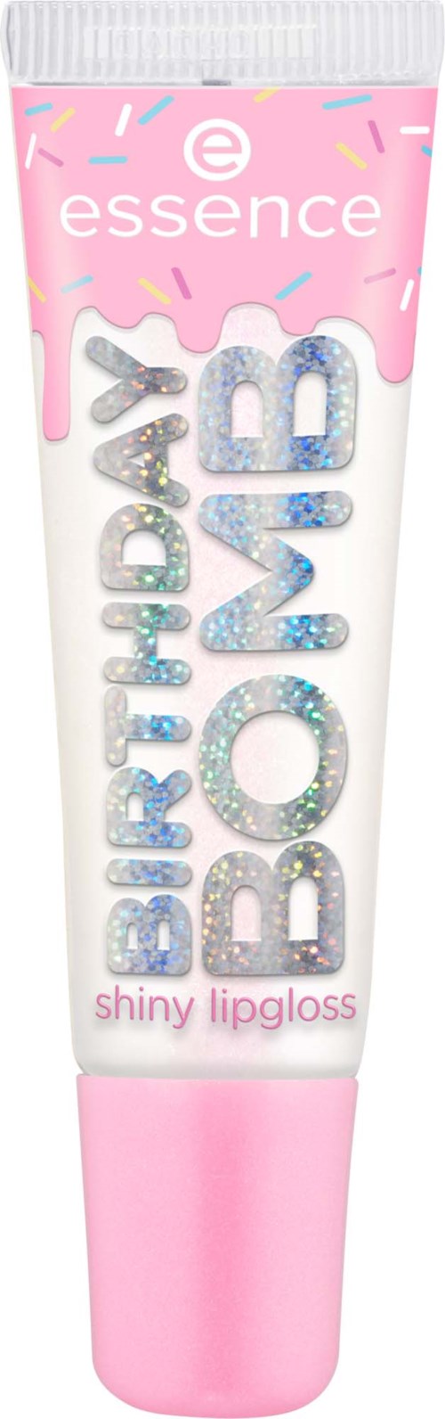 Pink tube with birthday boy and shiny lip gloss written on it, decorated with colorful sprinkles.