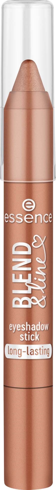En beige ögonskugga som ser ut som ett läppstift med vit lock, märkt 'Essence Blend the Shimmer' för långvarig effekt.