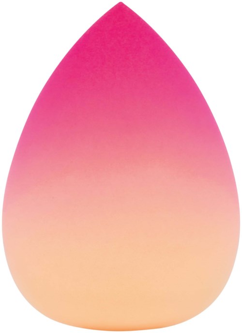A makeup sponge with a pink to cream gradient, teardrop shape, smooth surface, and rounded top.