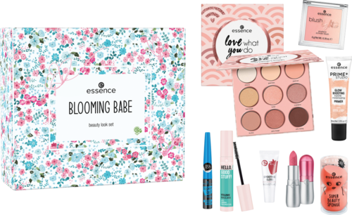 This is a beauty set with eyeshadow, blush, lipstick, mascara, and skincare products in colorful packaging.
