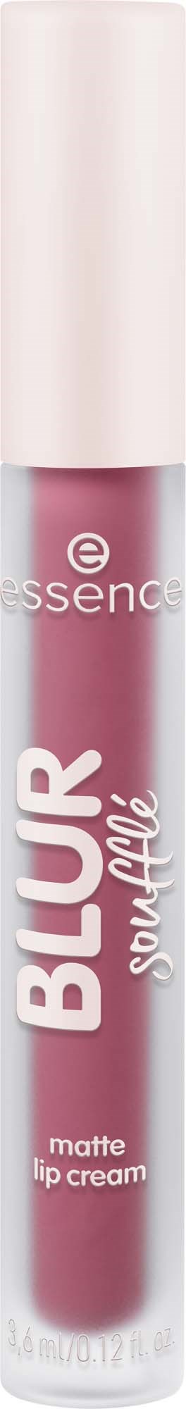 A tube of matte lip cream labeled Blush from Essence with a white cap and pink liquid inside.