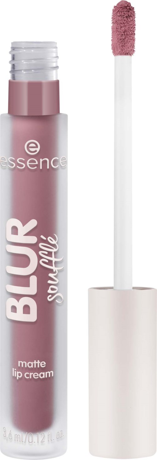 Matte pink lip cream from Essence with an applicator brush. The tube is labeled Blur Sauve and is 4.8 grams.