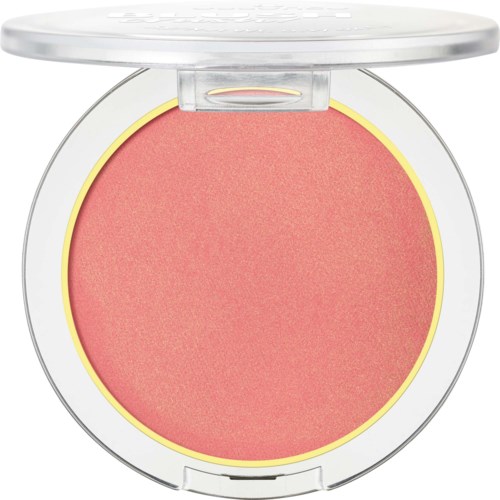 A compact, round blush makeup with a pinkish-orange shade inside a clear case and a hinge.
