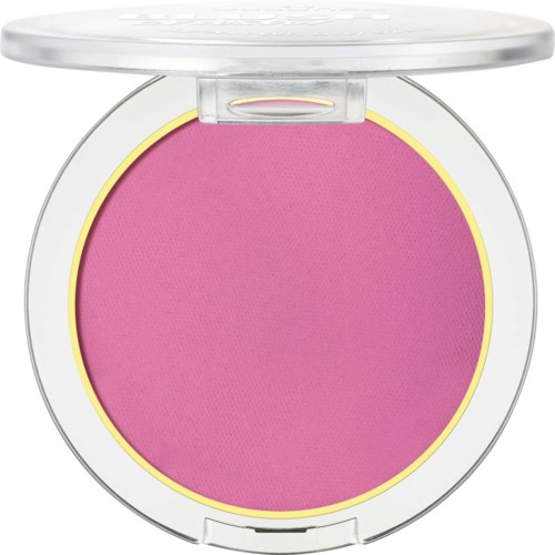 A round pink blush in a clear plastic compact with a lid. The blush is bright pink with a subtle shimmer.