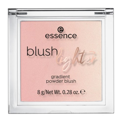 A pink makeup container with the brand name essence, labeled as blush, highlighting it's a gradient powder blush.