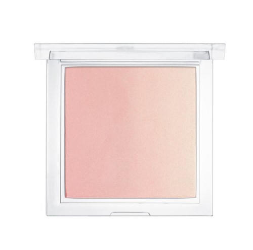 A compact, open makeup palette with pink blush inside and clear lid.