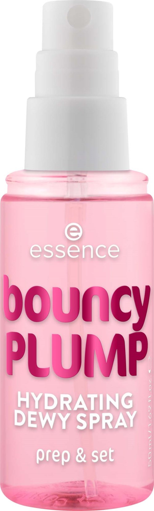 Eine rosa Flasche mit essence bounce plump hydratisierenden Dewy Spray für Vorbereitung und Fixierung.