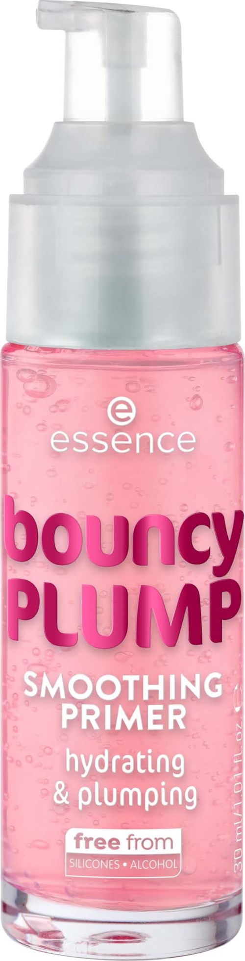 Pink bottle with a pump shows skincare primer for hydrating and plumping skin. Free from silicones and alcohol.