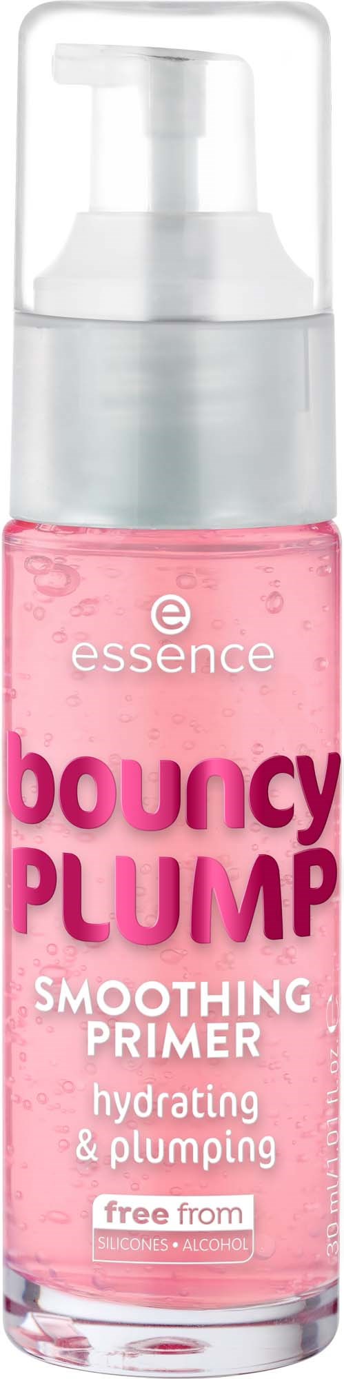 Pink hydrating primer in a clear bottle with a pump, labeled Bouncy Plump by Essence for smoothing skin.