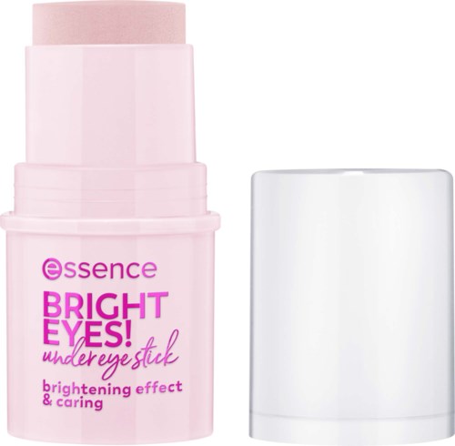 Różowy sztyft do makijażu z klapką, oznaczony jako Essence Bright Eyes sztyft pod oczy do rozświetlenia i pielęgnacji.