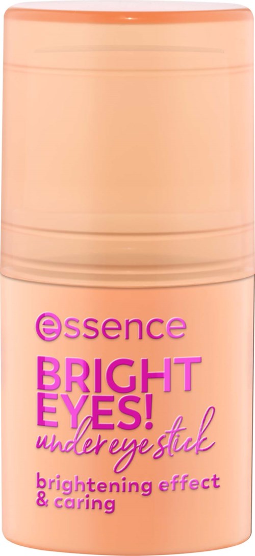 A pink cylindrical container with a beige cap, labeled Essence Bright Eyes Under Eye Stick for brightening and caring.