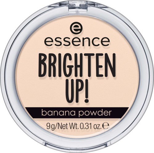 Et kompakt rundt makeup-produkt med beige pudder indeni og et hvidt låg med sort tekst.