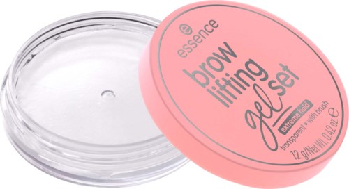 Ein pinkfarbener Deckel mit schwarzen und grauen Text über einer kleinen transparenten Behälter für Augenbrauengel.
