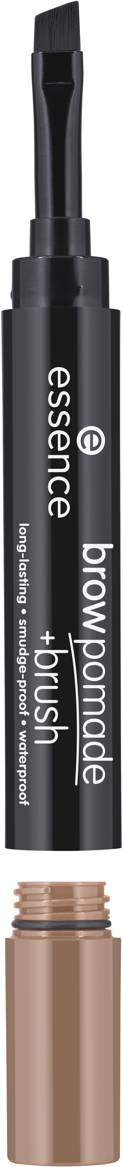 Een make-upproduct in de vorm van een pen met een zwarte dop, een kwast en beige vloeistof aan de onderkant.