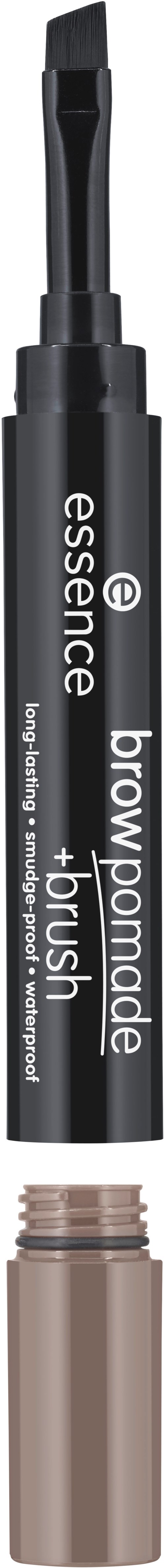 A black makeup pencil with a beige color at the bottom, labeled "brow pomade + brush" by essence.