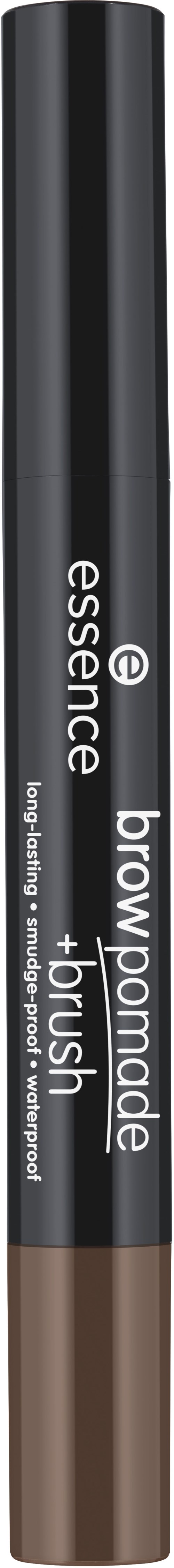 A black pen-like product labeled 'essence brow pomade + brush', used for eyebrow makeup.