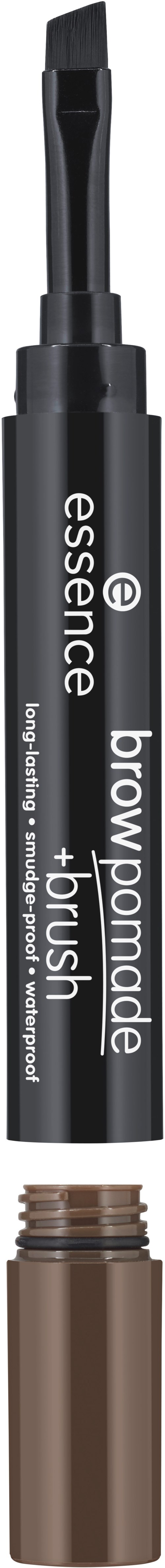A dual-ended brow pen with a brush and pencil in a black and brown tube. It is labeled "essence brow+mode".