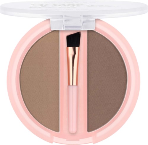 A compact with two shades of brown eyeshadow and a small brush inside.