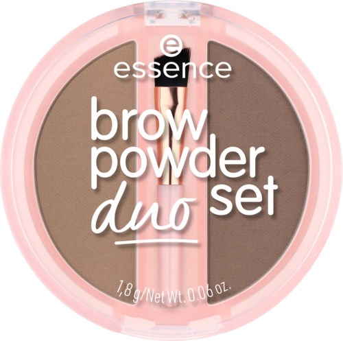 A pink round compact with two brown powdered shades, a small brush, and white text showing the product name and brand.
