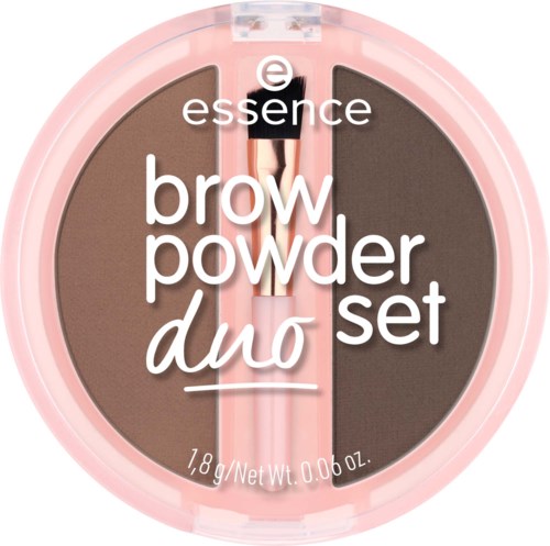 A compact makeup set with two shades of brow powder and a small brush inside.