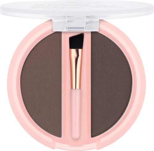 Round pink makeup container with a small brush in the center and dark eye shadows inside.