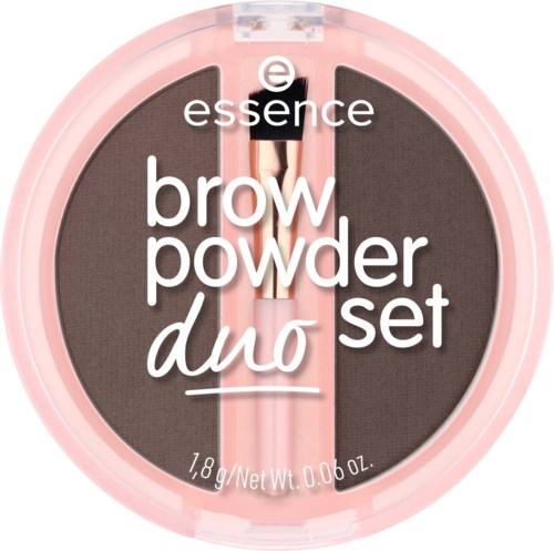 A pink compact with brown powder, containing eyebrow powder and a small applicator brush.