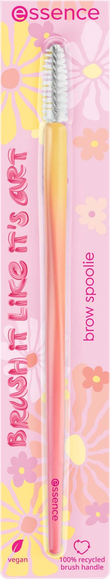 En brow spoolie med gul handtag på rosa blommig förpackning från Essence, märkt för ögonbryn.