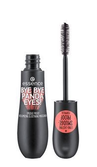 En svart mascara rör med orden "Bye Bye Panda Eyes!" och en böjd borste.