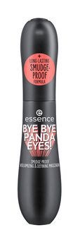 En svart cylindrisk flaska med en rosa etikett som visar märket Essence och text om ögonmakeupremover.