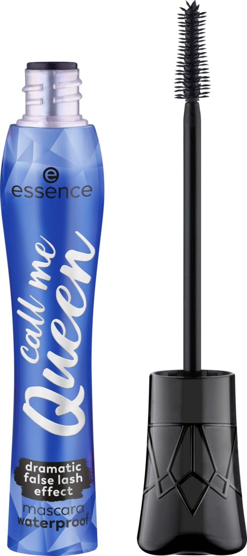 Blå tub med mascara med öppen lock och borste, avsedd för vattenfast falska ögonfransar.