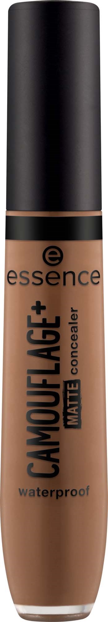 A beige concealer with black cap labeled 'Camouflage +' from Essence, waterproof and matte finish.