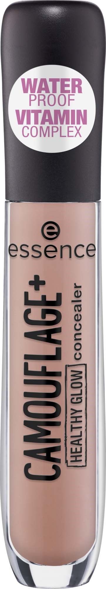 Ein Concealer-Roller mit schwarzem Deckel, beige Flüssigkeit und Etikett 'Camouflage+ Healthy Glow Concealer' wasserfest und mit Vitamin.