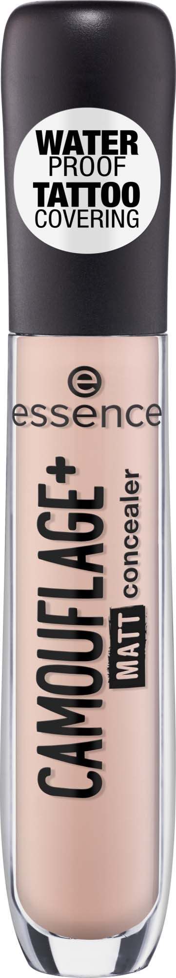 A concealer tube labeled 'Camouflage+', waterproof tattoo covering, from Essence brand.