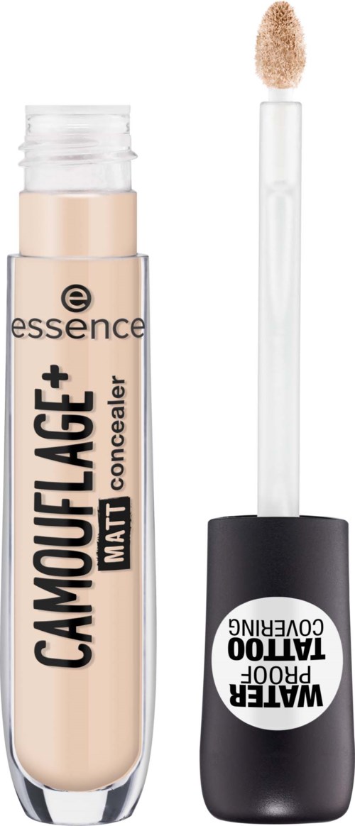 En concealer med applikator, märkt 'Campouflage+ Matt', visar produkten och dess borste.