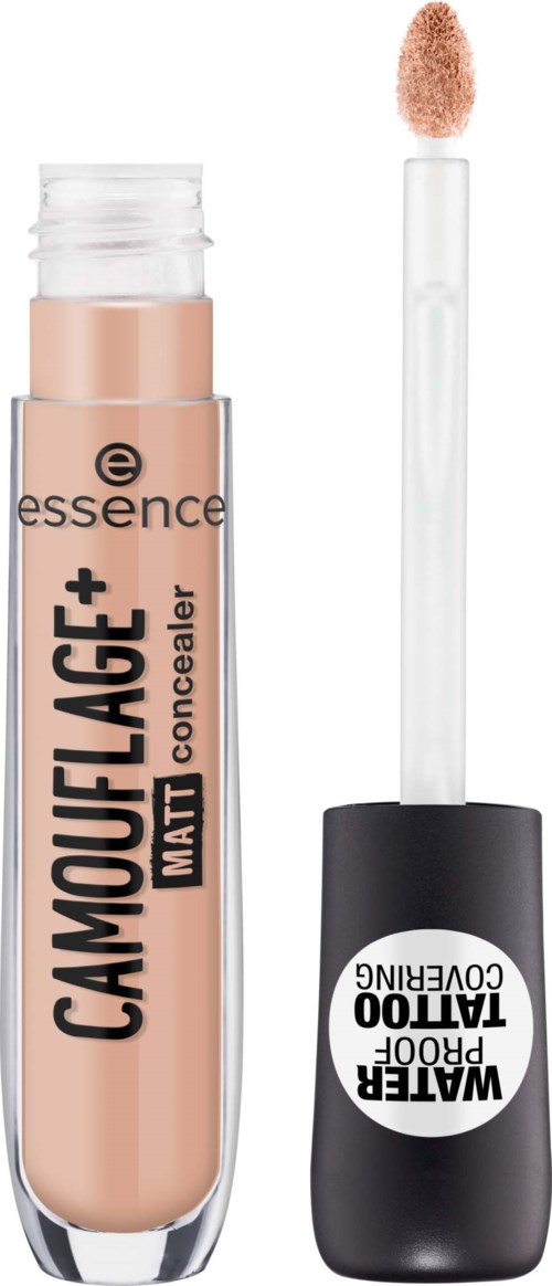 A beige concealer in a clear tube with a black cap, a wand applicator, and text showing brand and product details.
