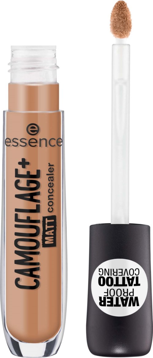 A concealer stick with a wand applicator and black cap. The stick is labeled 'Camouflage +' and 'essence'.